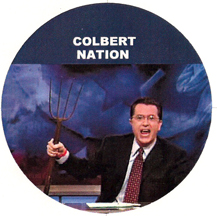 Steven Colbert with a pitchfork