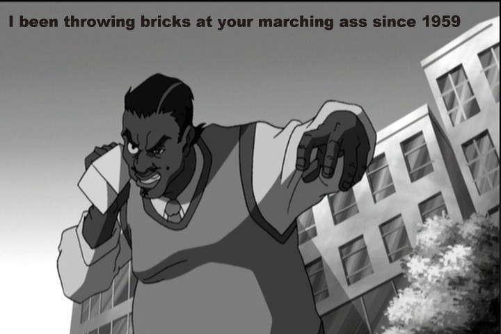 Uncle Ruckus preparing to hurl a brick at Martin Luther King