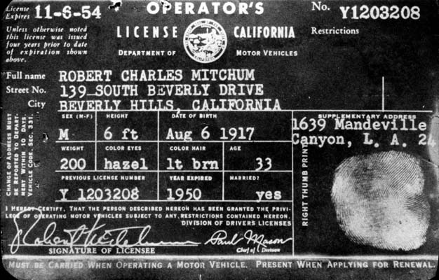 Robert Charles Mitchum driver's license
