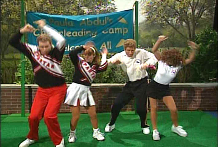 Paula Abdul, David Duchovny, Cheri Oteri, Will Ferrell as SNL Spartan Cheerleaders