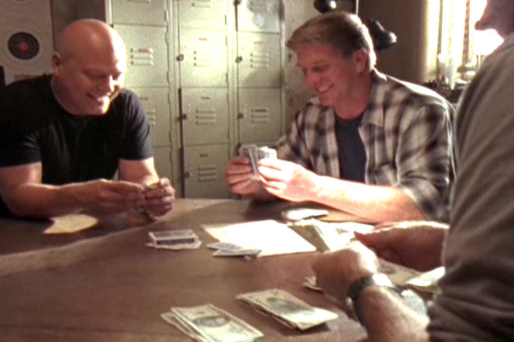 Vic Mackey, Lem, and Ronnie Gardocki playing cards