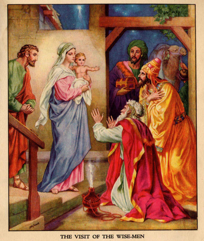 colorful painting of baby Jesus being presented to the three wise men