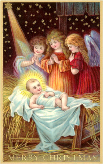 angels oohing and ahing over the baby Jesus