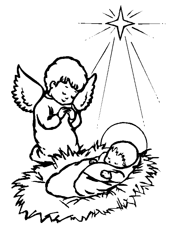 drawing of a star shining on an angel watching over baby Jesus