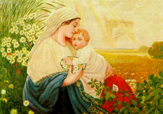 beautiful bright painting of baby Jesus and his virgin mother