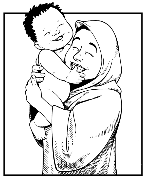 simple drawing of happy baby Jesus and mother Mary