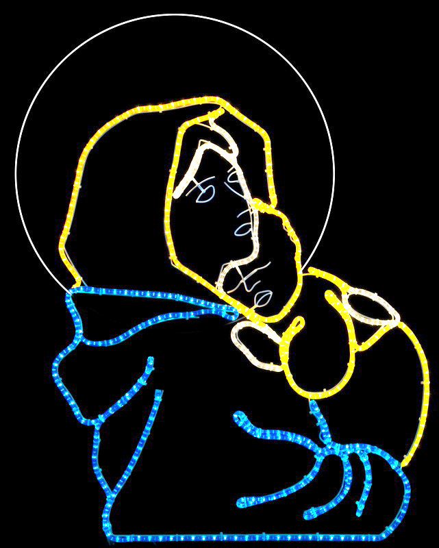 Mary and baby Jesus in lights