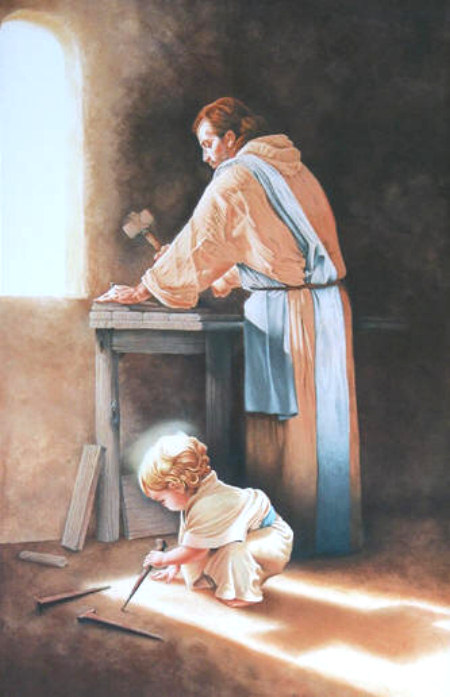 Jesus as a toddler learning carpentry from his earthly father Joseph
