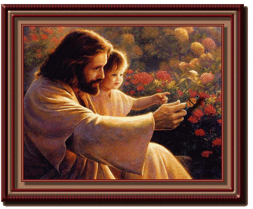 Jesus with a butterfly, child and flowers