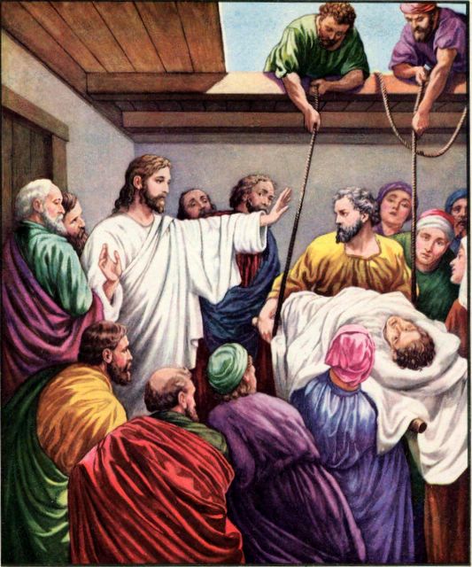lowering in a sick person to be healed by Jesus
