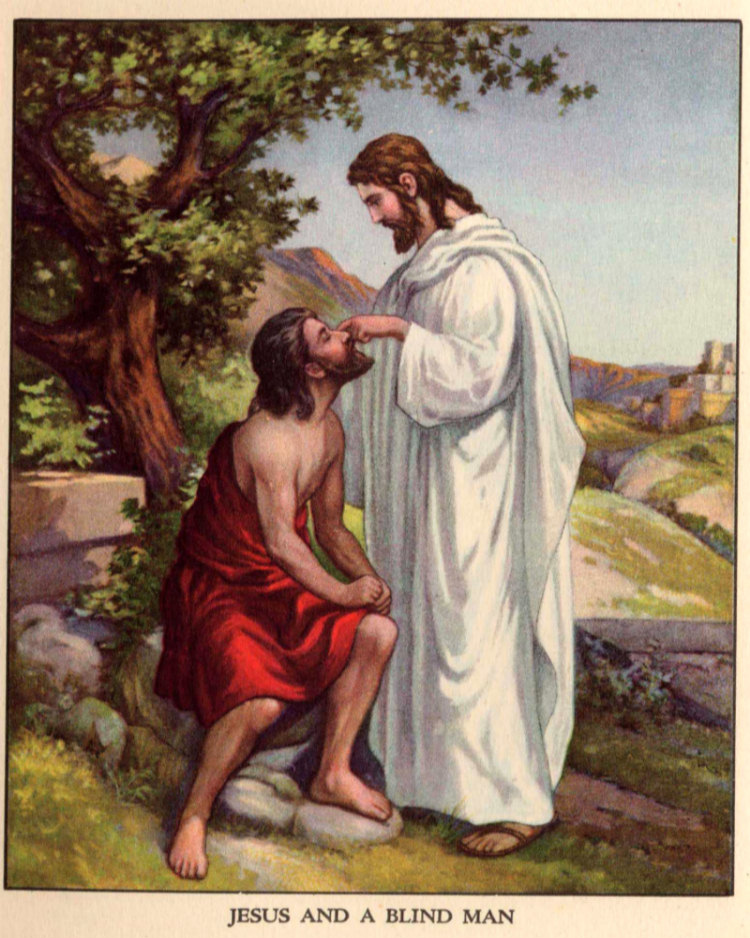 Jesus healing the blind man's eyes with mud