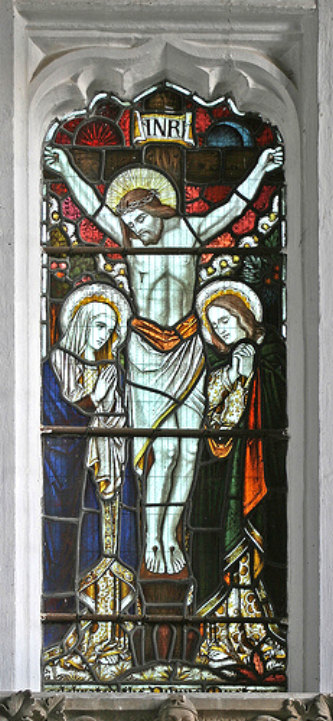stained glass image of the crucifixion