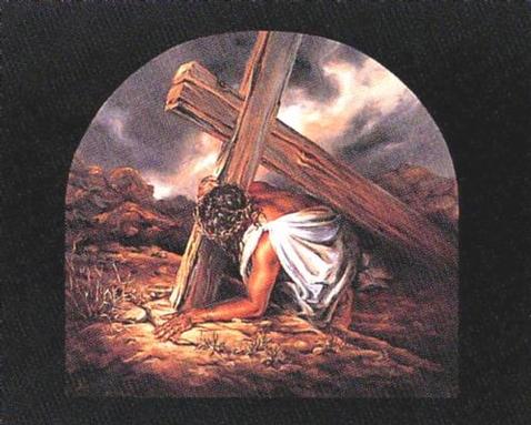 Jesus struggling under the weight of carrying his cross