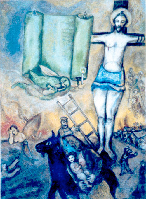 blue symbolistic painting of the crucifixion of Jesus Christ