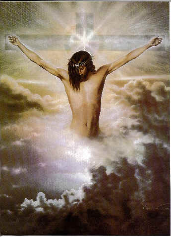 Jesus on a cross of light in the clouds