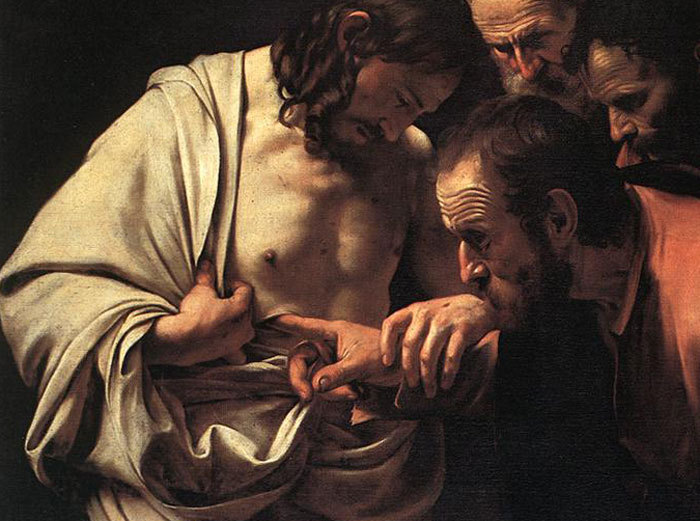 Doubting Thomas feels the wound in the side of the arisen Christ Jesus
