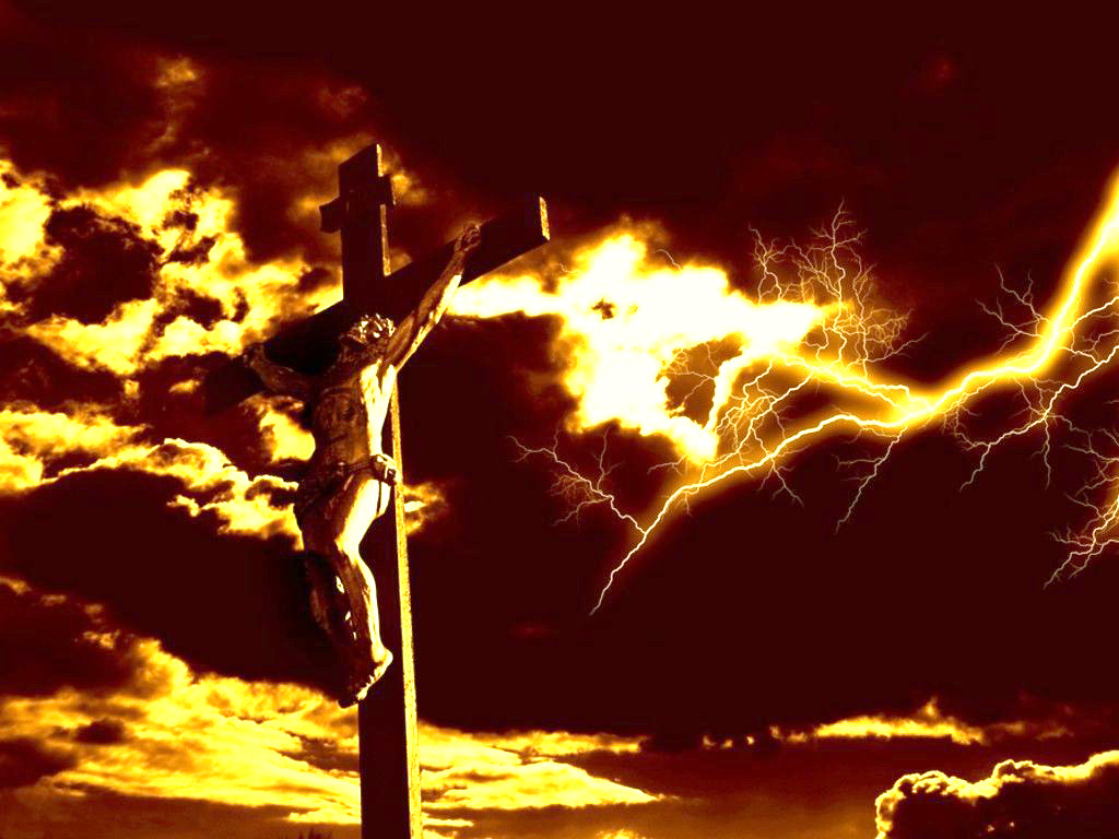 dramatic lightning over Christ on the cross - desktop wallpaper image