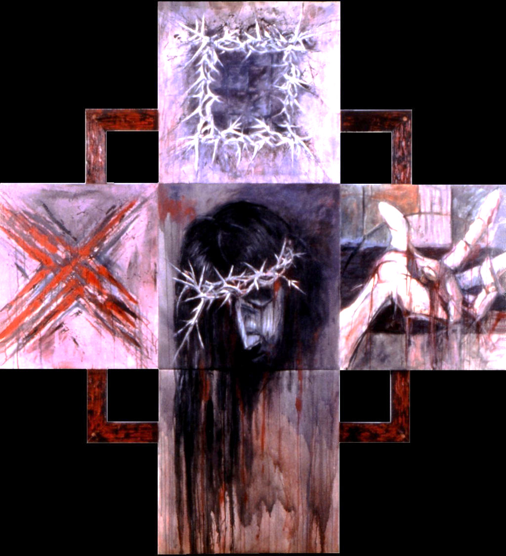 bloody impressionistic painting of Christ on the cross