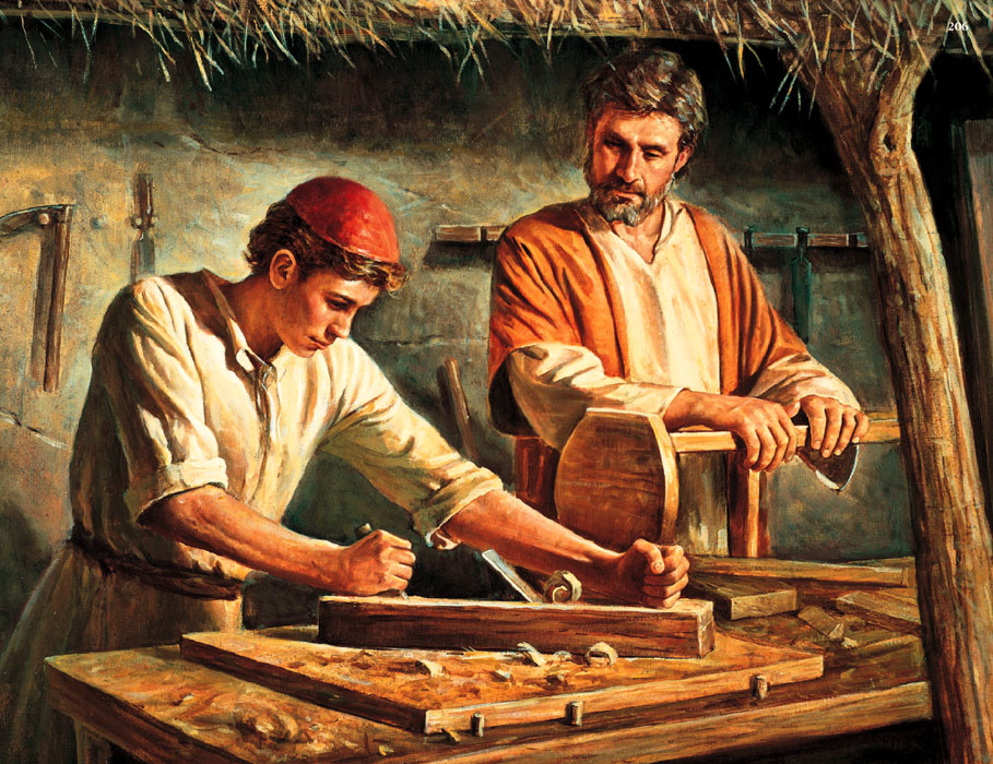 Jesus the carpenter's son woodworking with Joseph