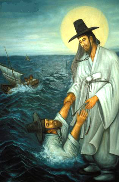 Korean painting of Jesus lifting Peter up from the sea