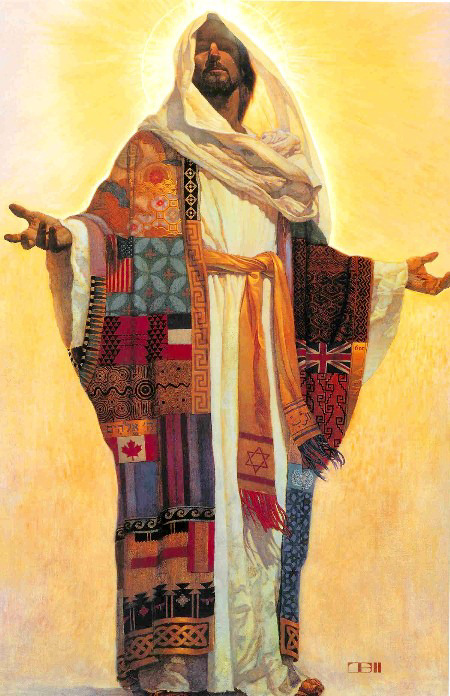 Jesus wearing a coat of many colors and nations