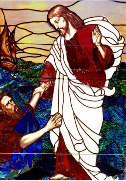stained glass image of Jesus pulling Peter up from the water
