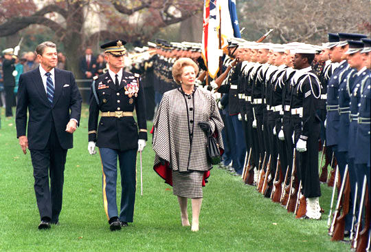 Ronald Reagan and Margaret Thatcher review the troops