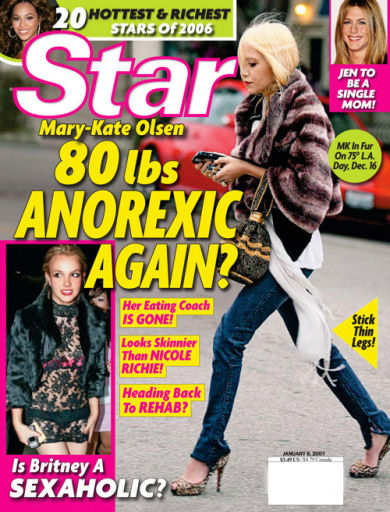 cheesy tabloid magazine cover of supposedly anorexic Mary-Kate Olsen