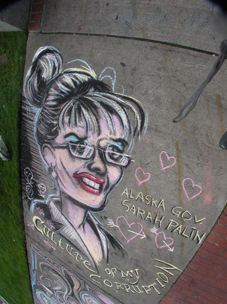 chalk caricature of Sarah Palin