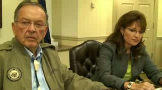 evil corrupt old Ted Stevens is not happy about being in a room with Miss Reformer Sarah Palin