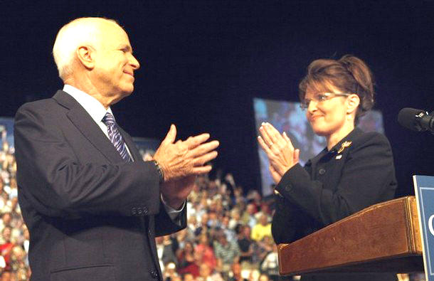 John McCain and Sarah Palin looking at each other