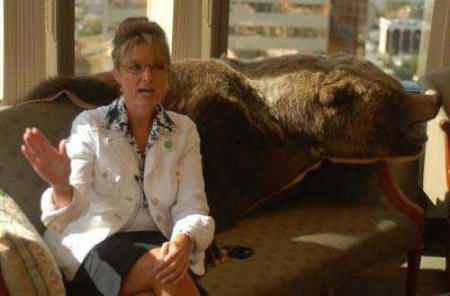 Sarah Palin and a bearskin rug