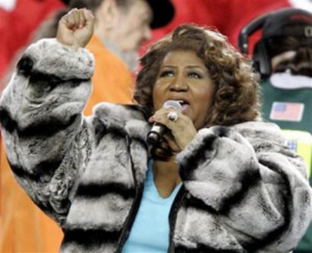 Aretha Franklin singing the national anthem at Super Bowl XL