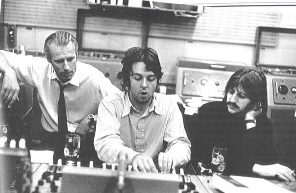 George Martin in the studio with Paul McCartney and Ringo Starr