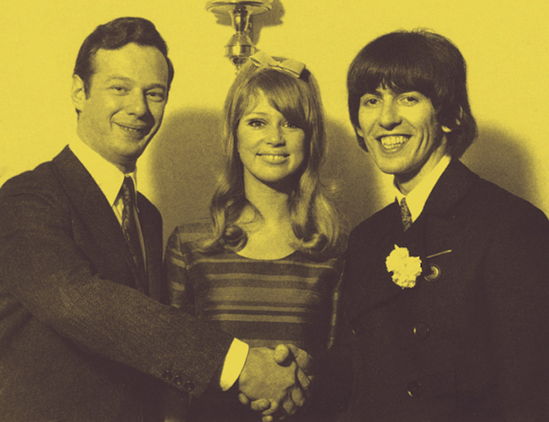 George Harrison and Patti Boyd, 1966 wedding photo with Brian Epstein
