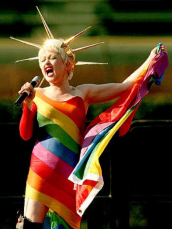 Cyndi Lauper as the rainbow coalition Statue of Lliberty