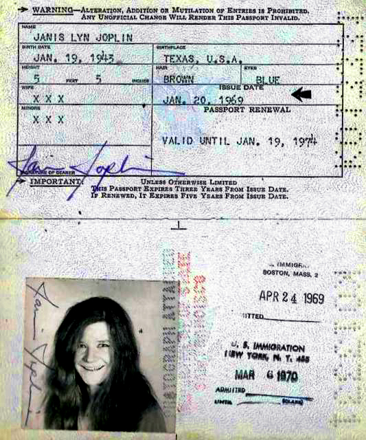 Janis Lyn Joplin's 1969 passport