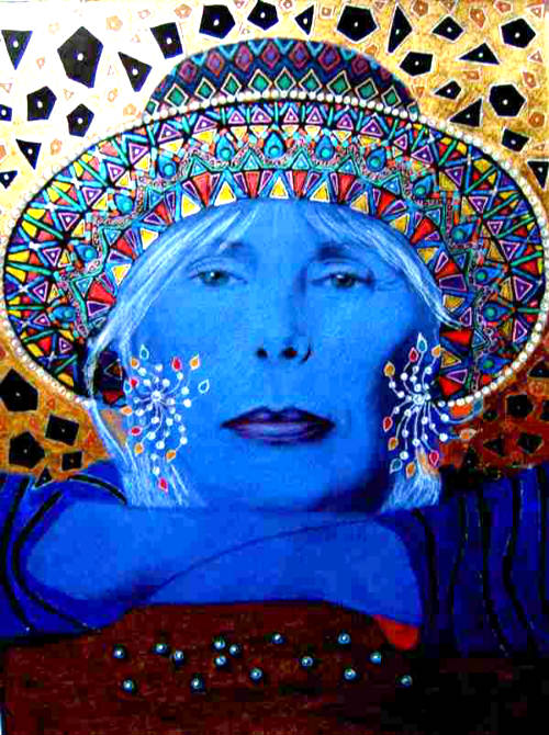 beautiful painting of Joni Mitchell with a blue face