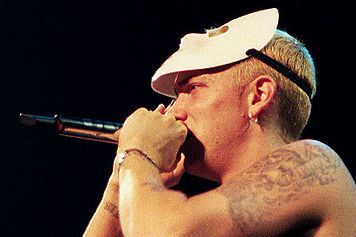 Superwigger Marshall Mathers in a hockey serial killer mask