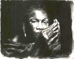 beautiful charcoal drawing of mature Nina Simone