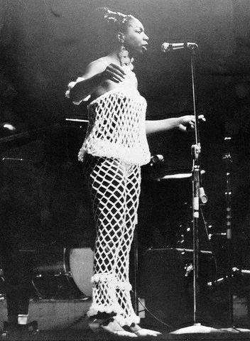 Nina Simone in a groovy macrame dress