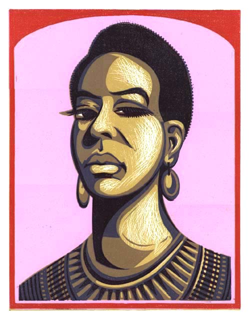 serious looking painting of Nina Simone