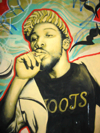 painting of Frederick "Toots" Hibbert smoking ganja