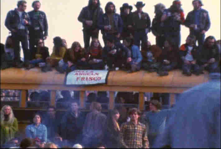 picture of Hell's Angels riding herd at the Rolling Stones infamous Altamont Music Festival, 1969