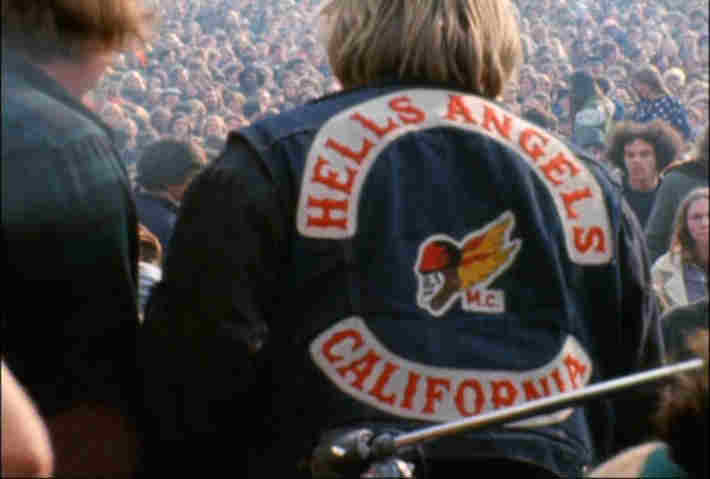 picture of Hell's Angels riding herd at the Rolling Stones infamous Altamont Music Festival, 1969