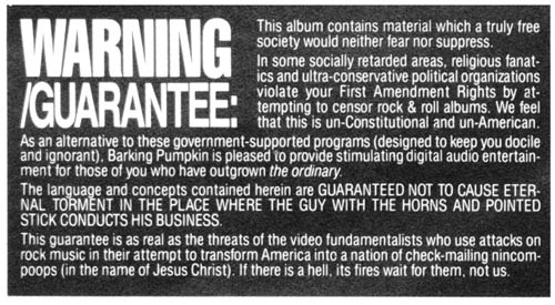 Frank Zappa's custom album warning sticker